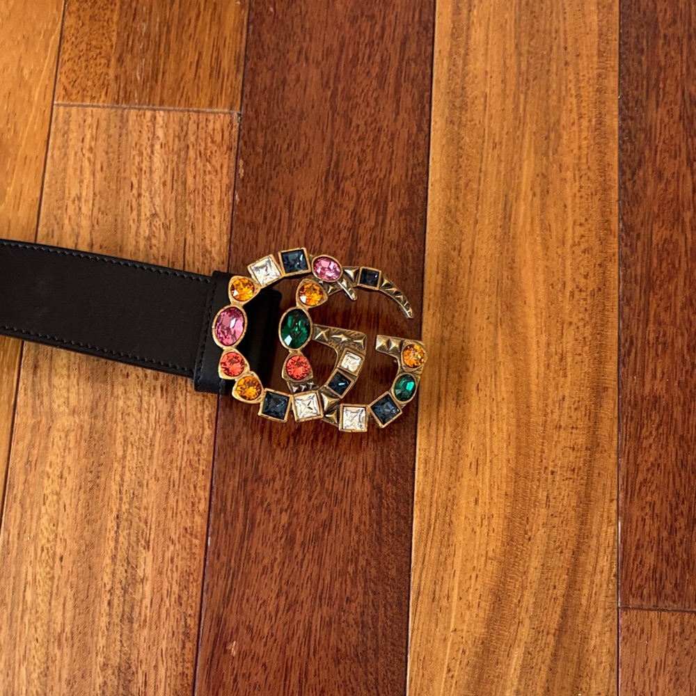 Gucci Black Belt with Multicolor Gemstone Buckle Belt